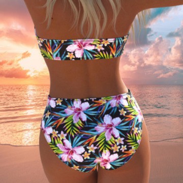 Ensemble de bikini bandeau pour femmes avec culotte taille haute et motif floral tropical R&B