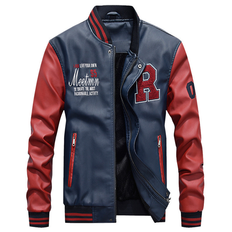 Veste en cuir Varsity pour hommes au style universitaire avec patch logo brodé, design à manches contrastées et bords côtelés Echo Archiv
