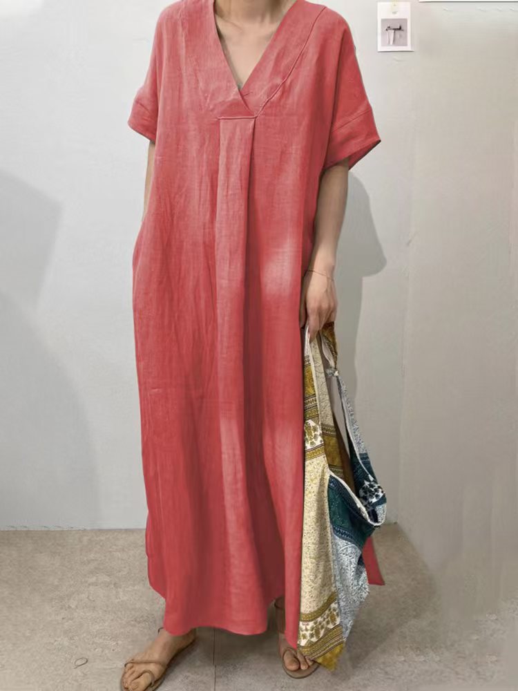 Robe longue en lin pour femmes avec décolleté en V et coupe décontractée R&B