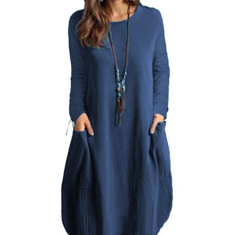 Robe longue en lin à coupe A pour femmes avec poches et col rond Echoarchiv