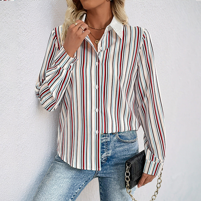 Blouse chemise élégante à rayures pour femmes avec col orné et manches retroussables Echoarchiv