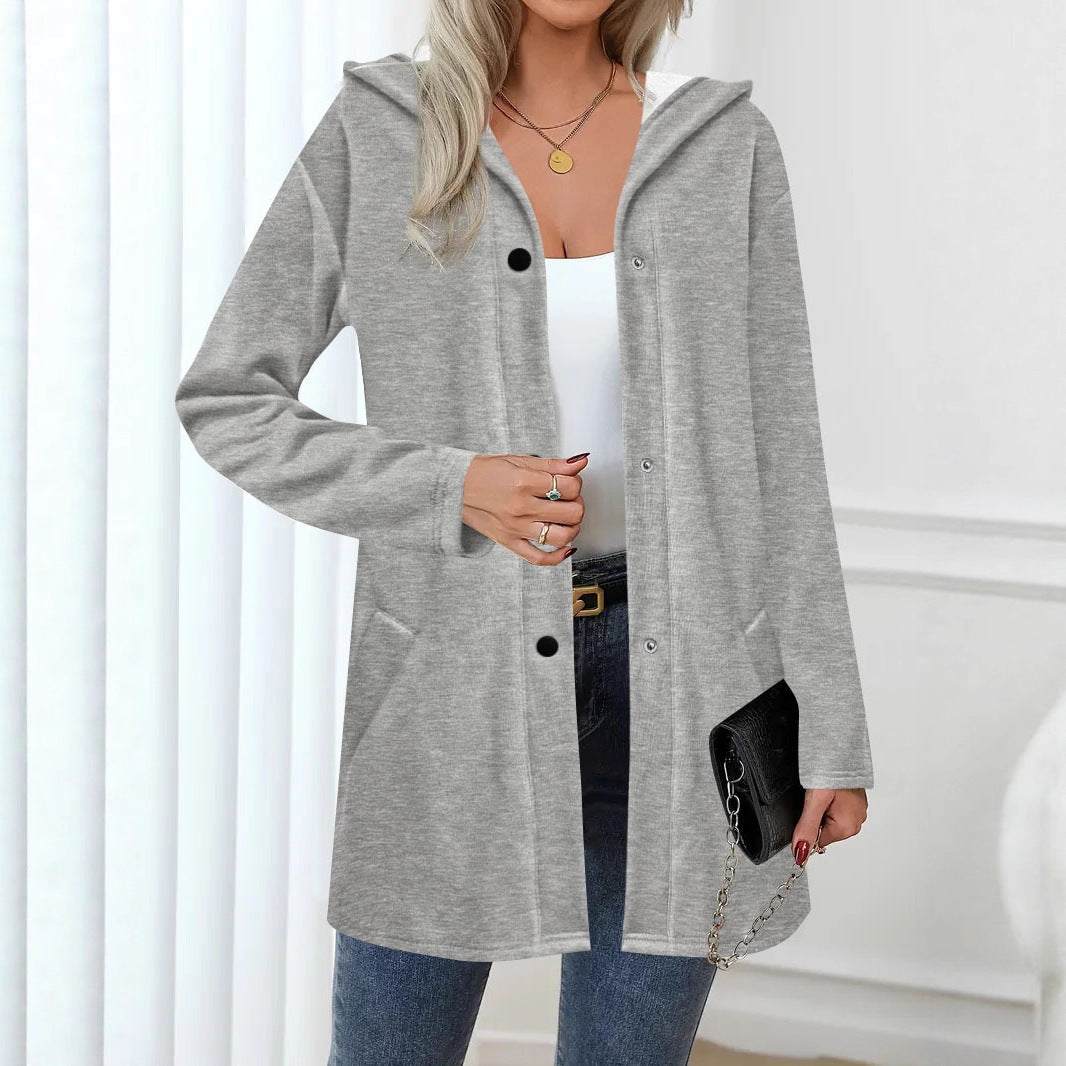 Manteau long à capuche pour femmes en sweat doux avec fermeture à boutons-pression et poches latérales Echoarchiv