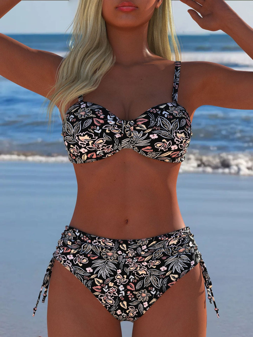Ensemble de bikini bandeau pour femmes avec culotte taille haute et motif floral tropical R&B