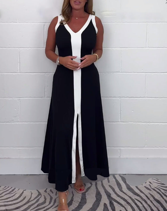 Robe femme cintrée à décolleté en V avec empiècement contrasté et fente centrale R&B