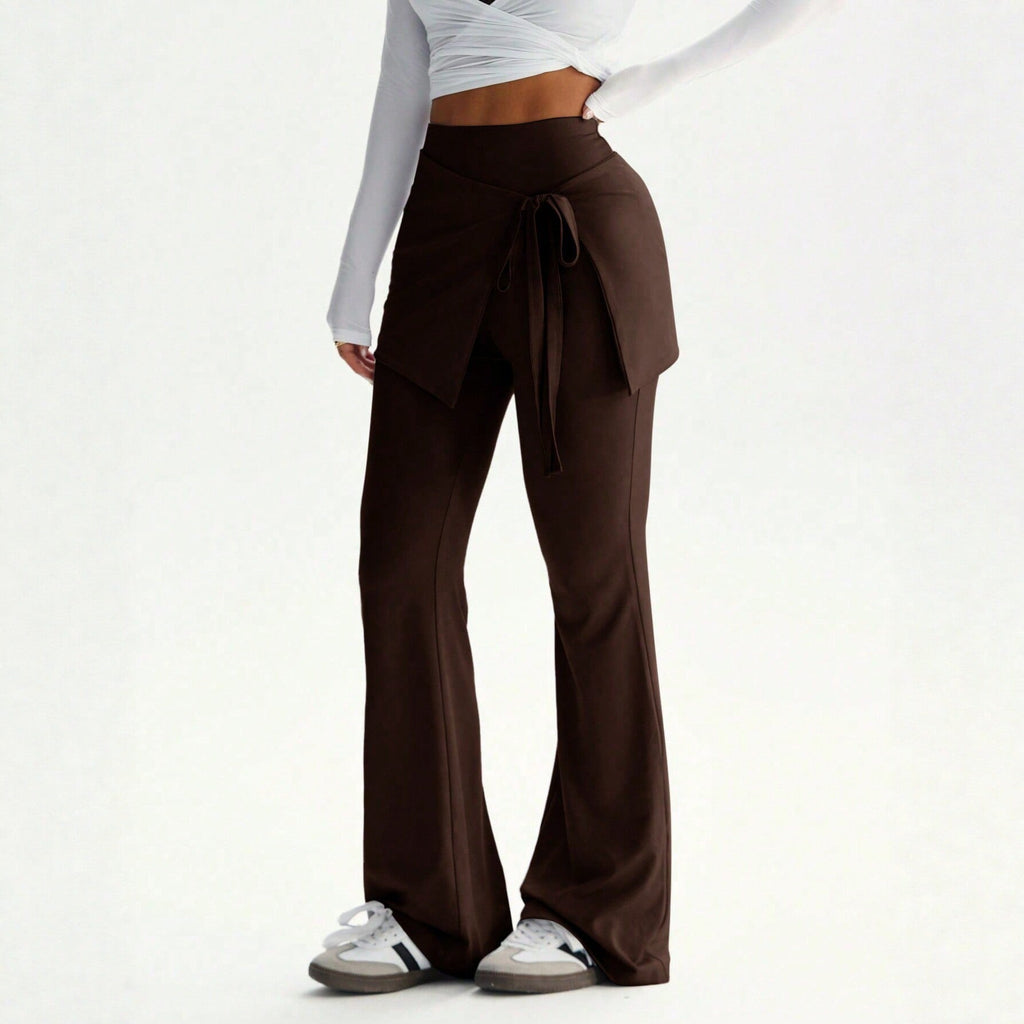 Pantalon à taille haute pour femmes avec superposition de jupe portefeuille et nœud à la taille