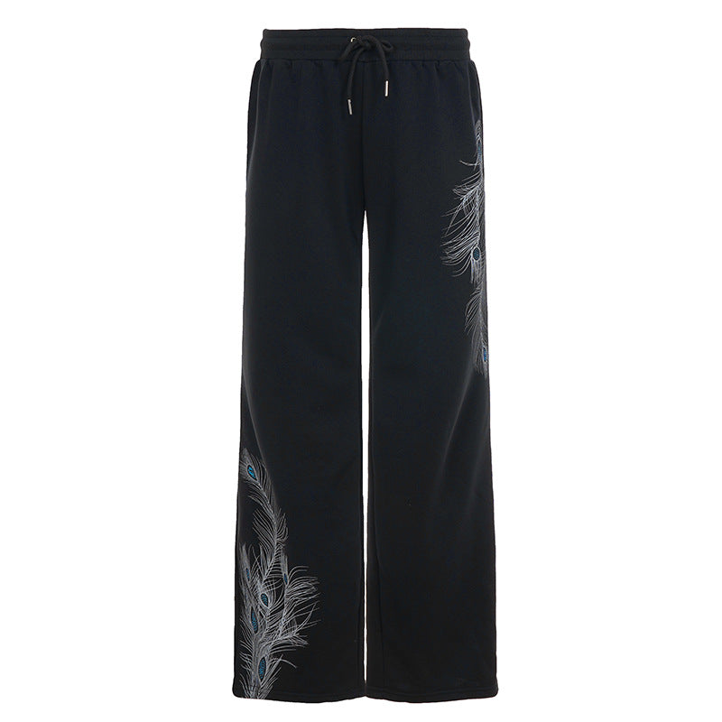 Pantalon de lounge large pour femmes avec cordon de serrage, taille confortable et imprimé de plume de paon Echo Archiv