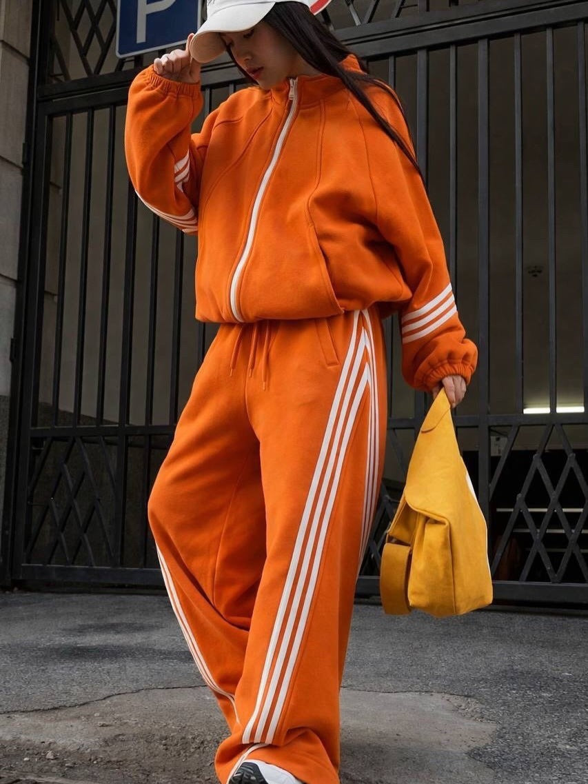 Ensemble de jogging ample pour femmes en polaire de coton avec fermeture éclair et bandes contrastées latérales Echoarchiv