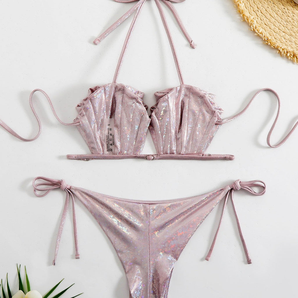 Ensemble de bikini scintillant en mesh pour femmes avec bretelles ajustables R&B