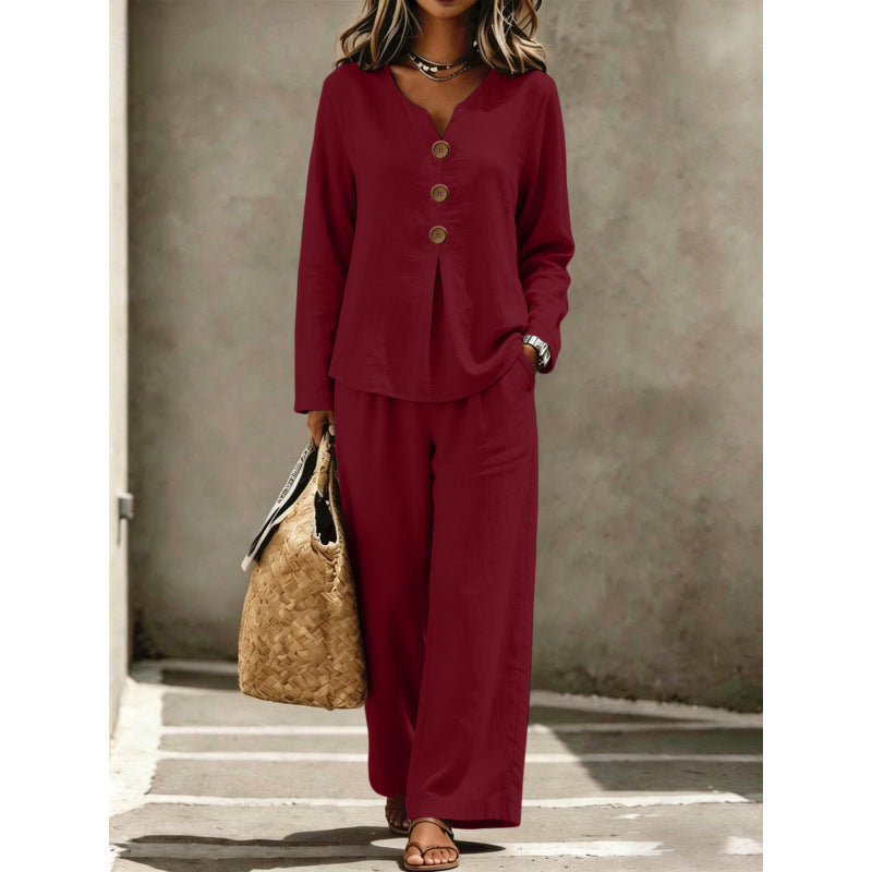 Ensemble Lounge Femme en Lin à Deux Pièces avec Décolleté en V, Blouse à Boutons et Pantalons Palazzo Echoarchiv