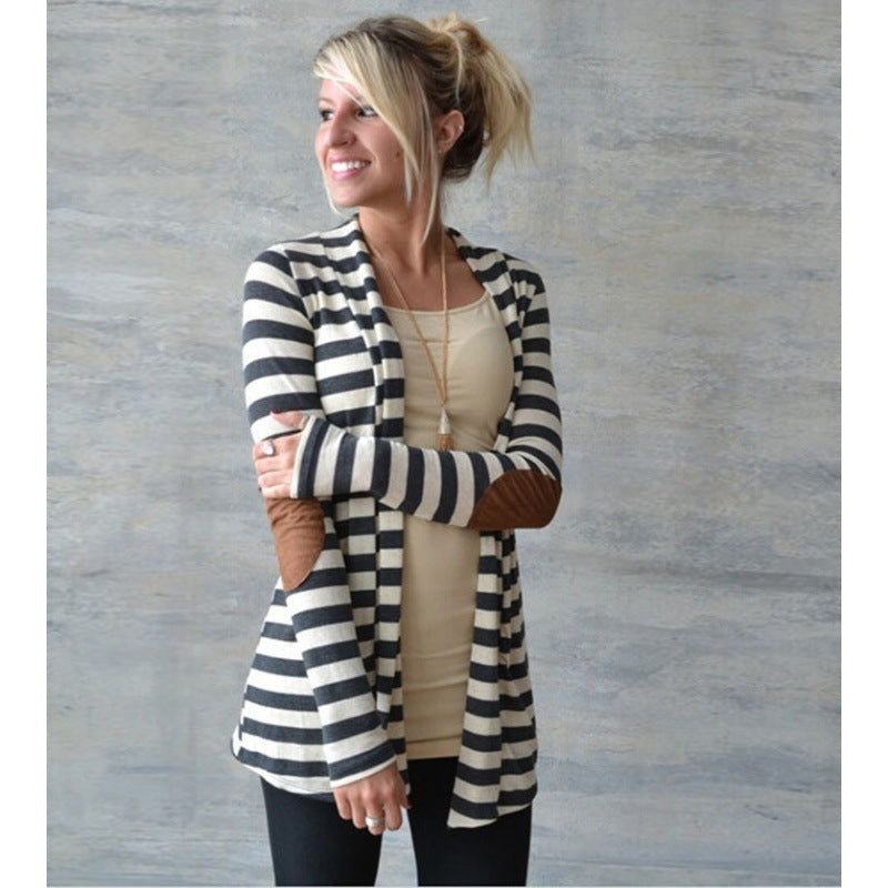 Cardigan long rayé pour femmes avec coupe waterfall ouverte et patches aux coudes Echo Archive