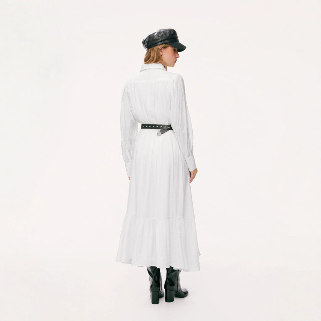 Robe chemise longue pour femmes avec dentelle, taille cintrée et jupe à volants