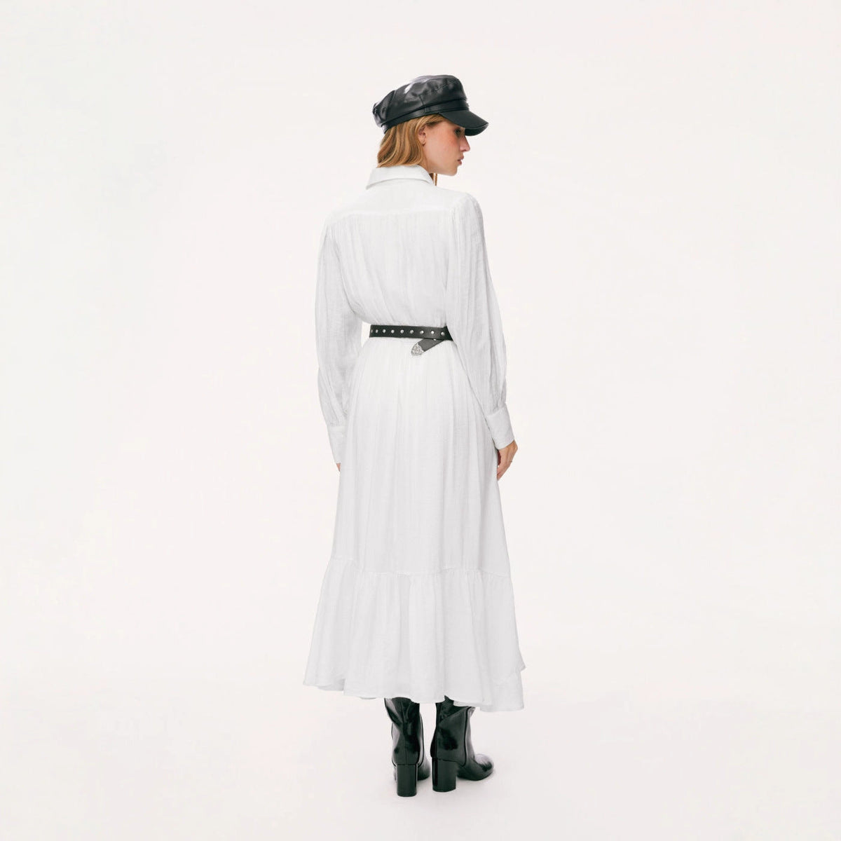 Robe chemise longue pour femmes avec dentelle, taille cintrée et jupe à volants
