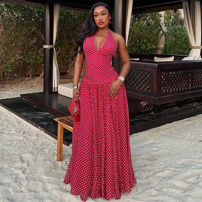 Robe longue à dos nu pour femmes avec décolleté en V profond, couture empire cintrée et jupe évasée à volants R&B