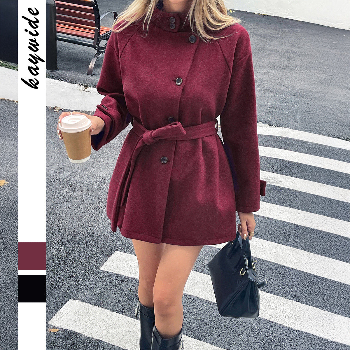Manteau court cintré pour femmes avec col montant, ceinture à nouer et manches raglan Echo Archiv