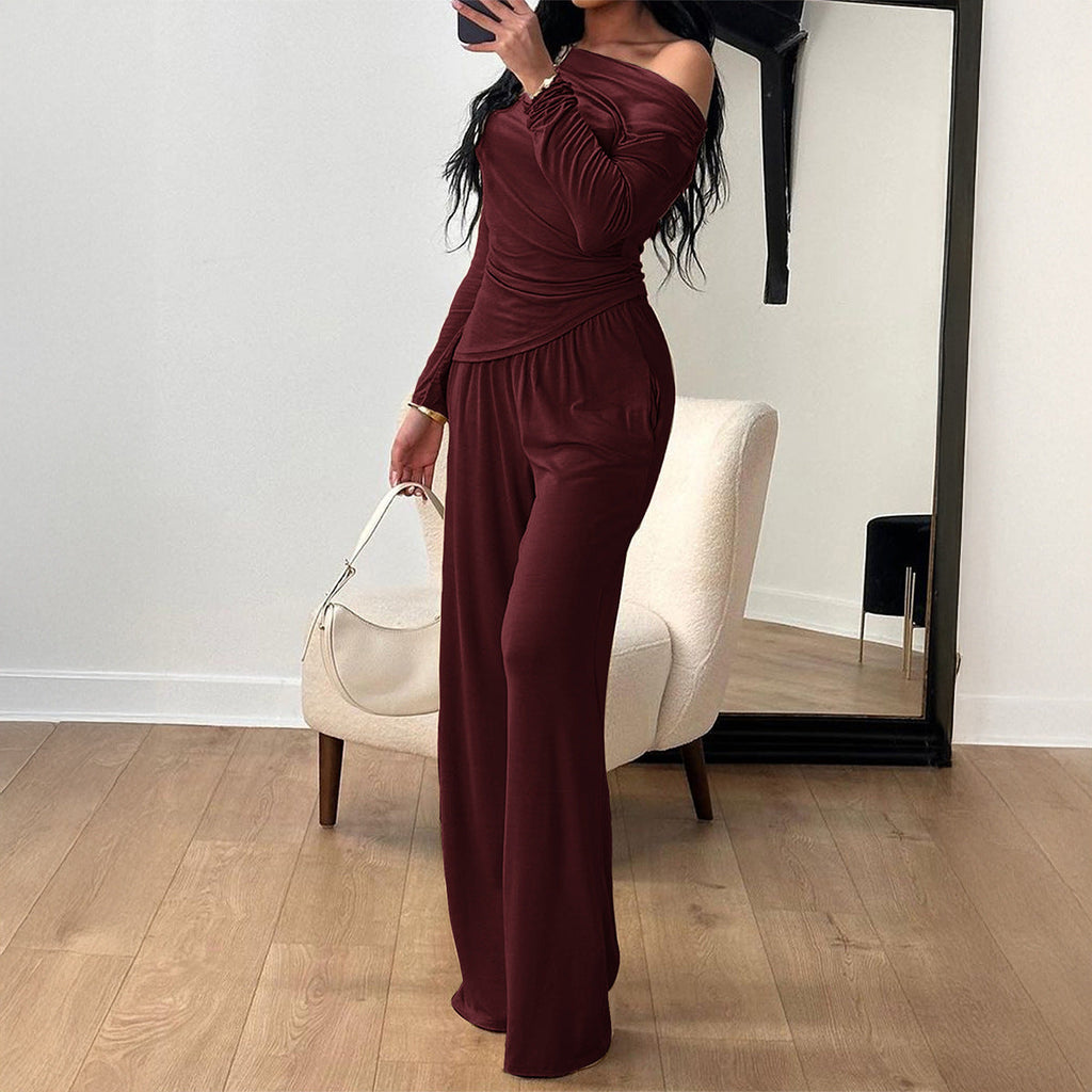 Ensemble en jersey à deux pièces pour femmes avec look drapé asymétrique, top à manches longues et pantalon taille haute ample Echo Archiv