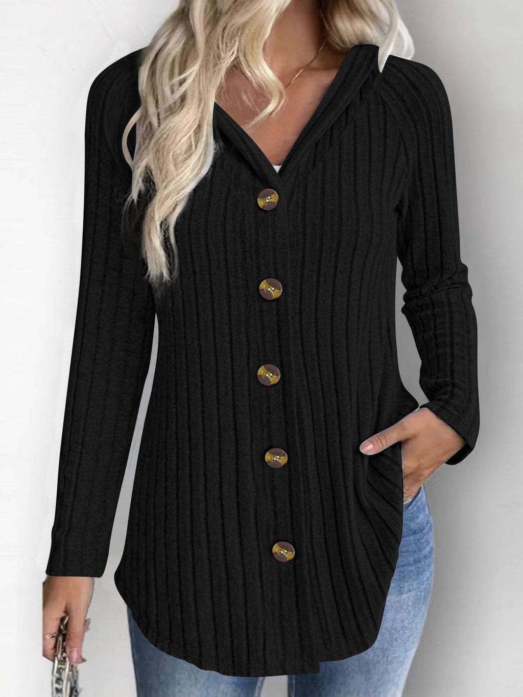 Blouse Cardigan à Capuche Rippée pour Femmes avec Boutonnage en Bois et Manches Froncées Echoarchiv