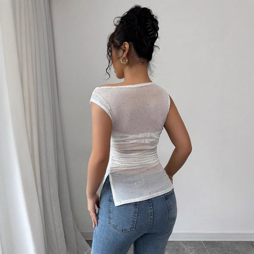 Top en mesh ajusté pour femmes avec ornements en strass, décolleté asymétrique et fronces à la taille R&B