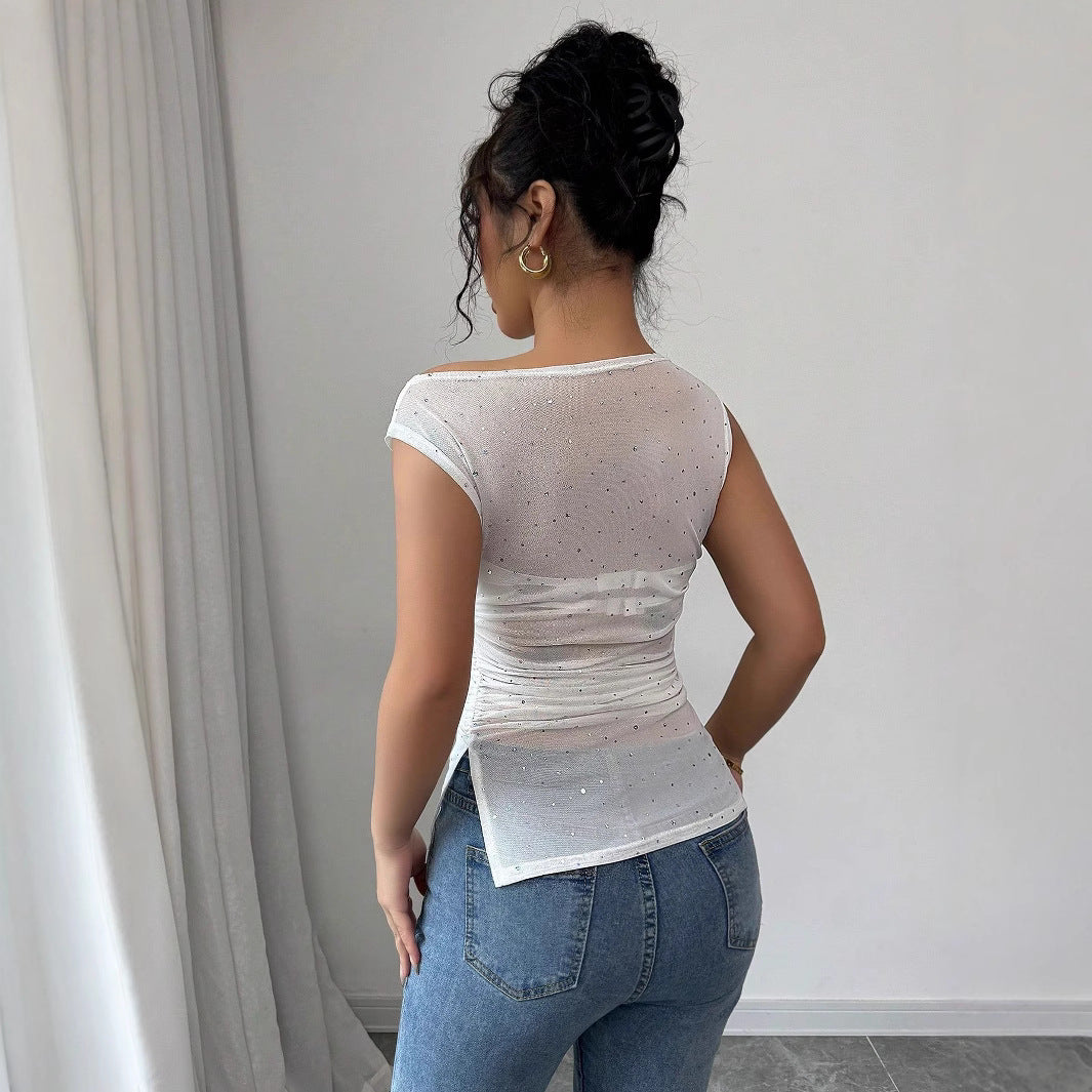 Top en mesh ajusté pour femmes avec ornements en strass, décolleté asymétrique et fronces à la taille R&B