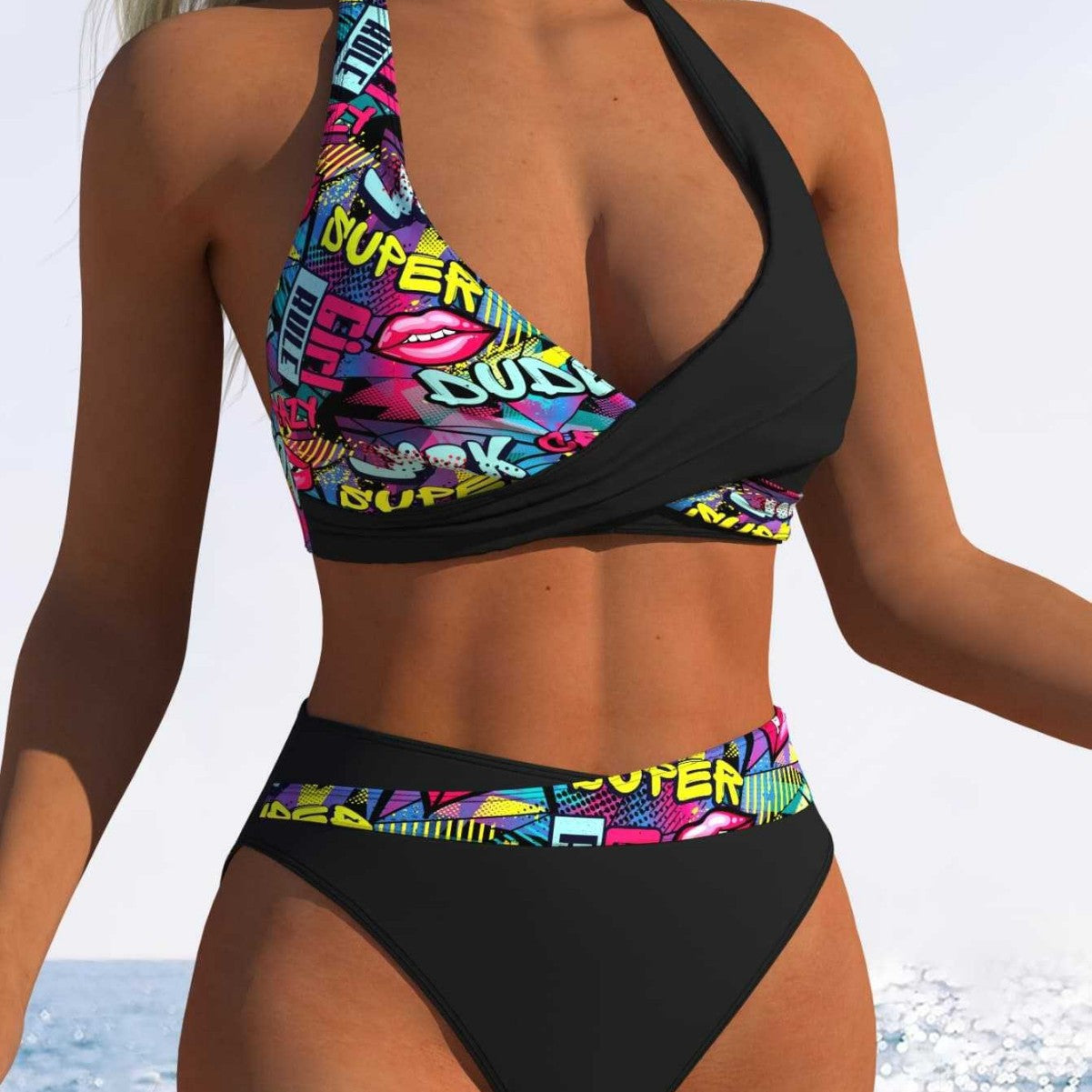 Maillot de bain femme taille haute avec haut à nouer tendance et ceinture élastique R&B