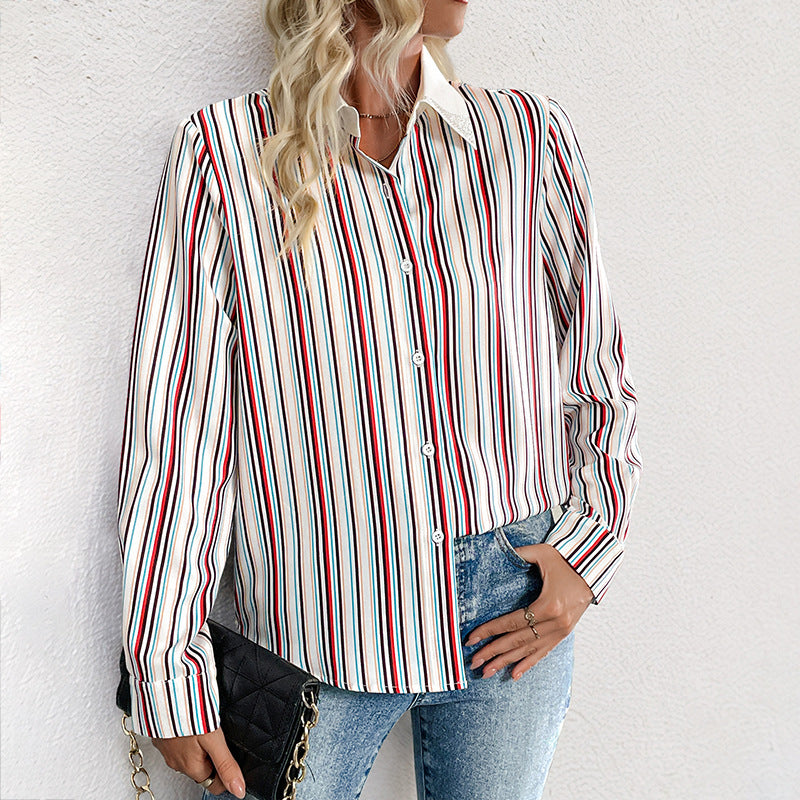 Blouse chemise élégante à rayures pour femmes avec col orné et manches retroussables Echoarchiv