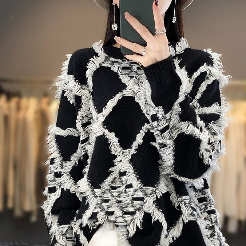 Pull oversized pour femmes avec col rond et franges
