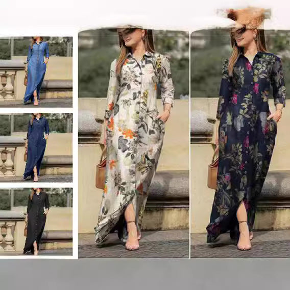 Robe maxi femme, robe chemise avec boutons et poches latérales