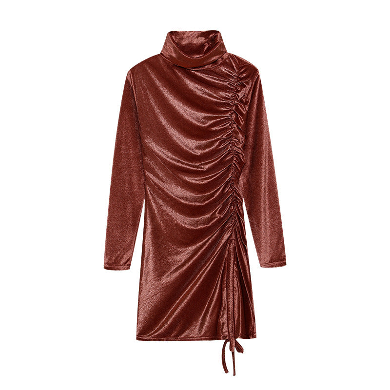 Robe Minijupe Bodycon Femme avec Col Montant et Drapé Latéral