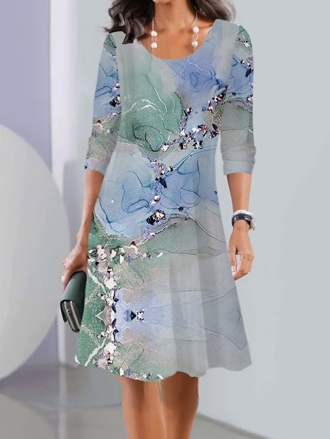 Robe A-ligne pour femmes avec imprimé floral, décolleté en U, manches trois-quarts et doux dégradé Ombre Echoarchiv