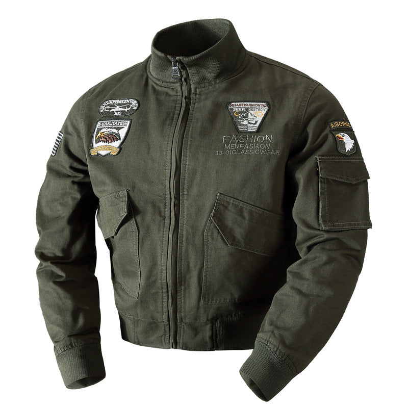 Veste pilote rétro-inspirée pour hommes en toile résistante avec écussons brodés, poche multifonction sur la manche et col montant Echo Archiv
