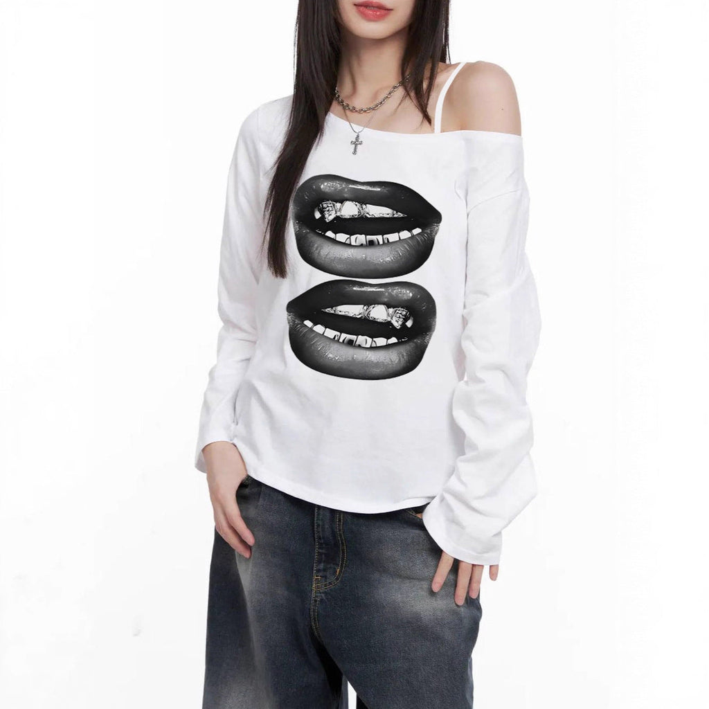 T-shirt long à manches asymétriques et décolleté off-shoulder pour femmes avec impression de lèvres double, coupe oversize décontractée et mélange de coton doux Echo Archiv