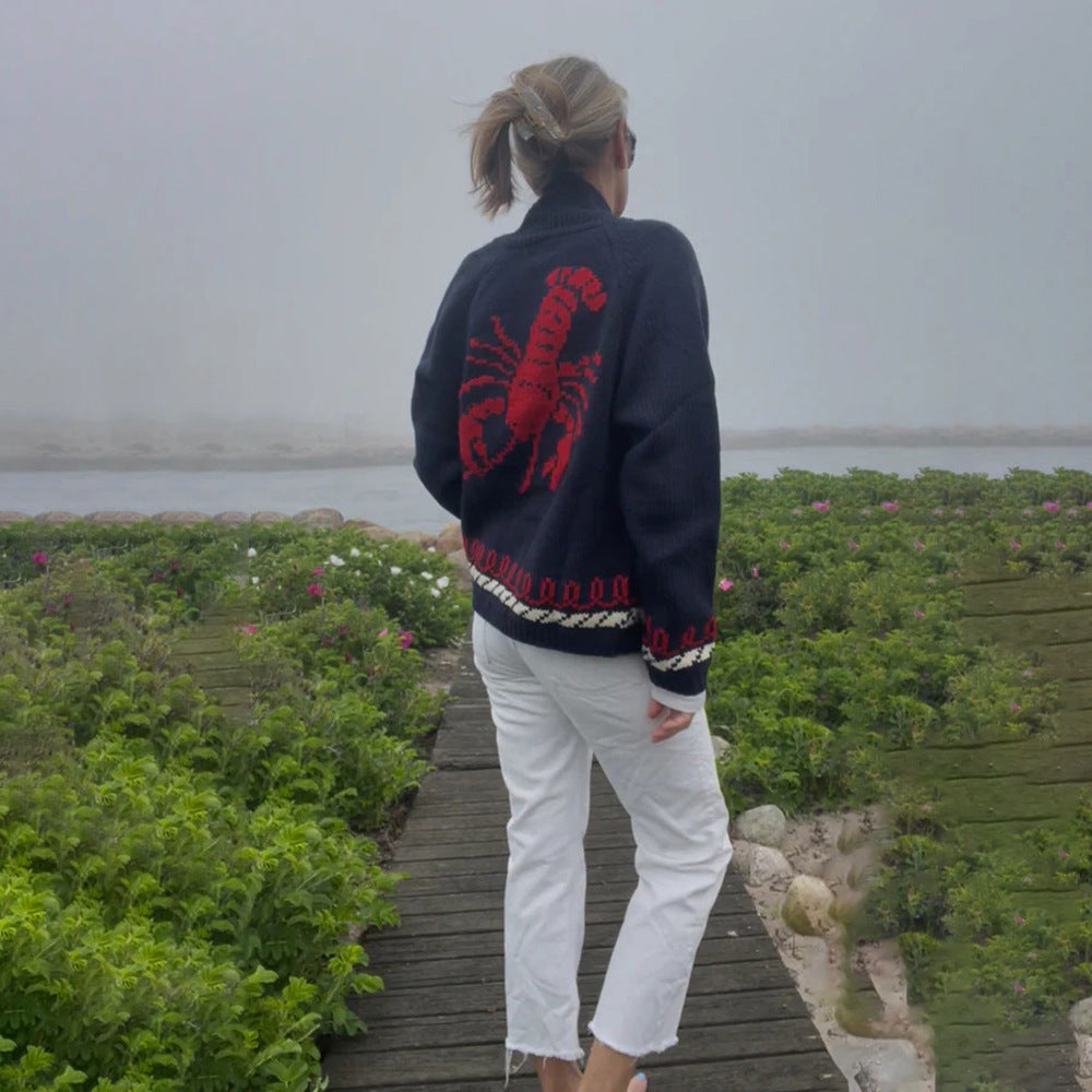 Cardigan en tricot oversize pour femmes avec motif de baleine et bordure nautique Echoarchiv