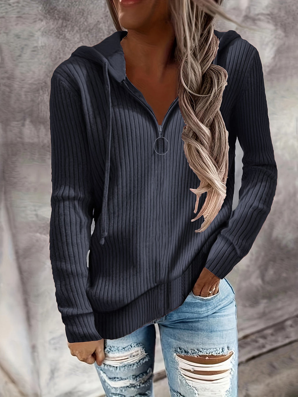 Hoodie à col montant en tricot côtelé pour femmes avec fermeture éclair mi-haute et tirette en anneau Echoarchiv