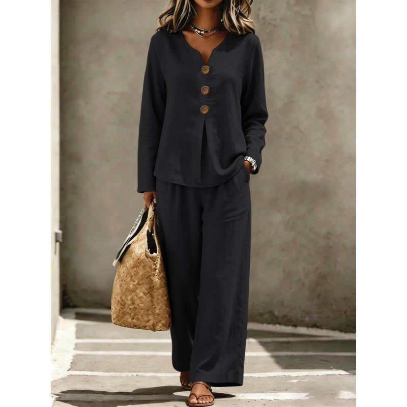 Ensemble Lounge Femme en Lin à Deux Pièces avec Décolleté en V, Blouse à Boutons et Pantalons Palazzo Echoarchiv