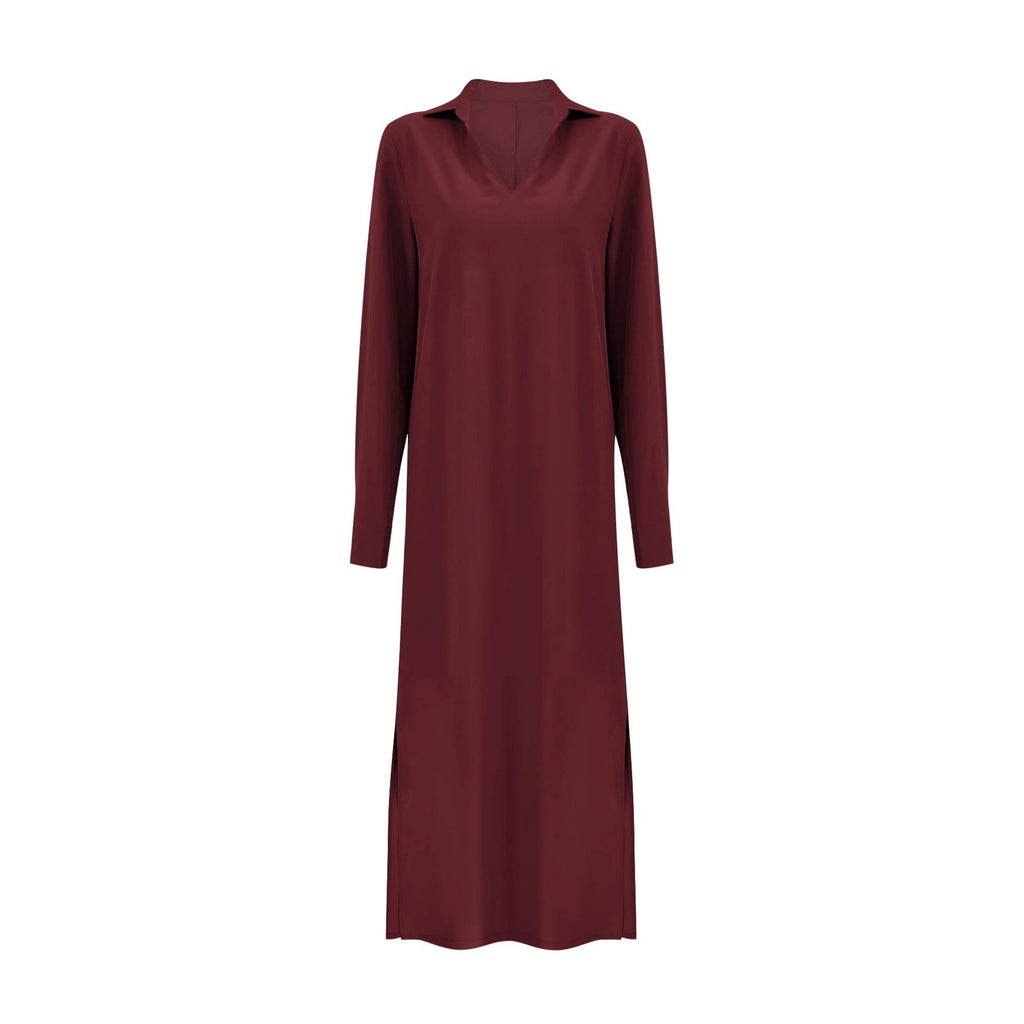 Robe maxi fluide pour femmes avec col montant en V, manches longues et poches latérales Echoarchiv