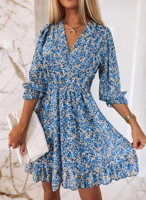 Robe Mini en Chiffon Floral pour Femme avec Décolleté en V et Effet Ceinture Echoarchiv
