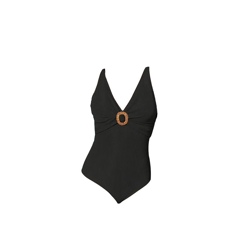 Maillot de bain une pièce féminin tendance avec décolleté en V et détail en bois R&B