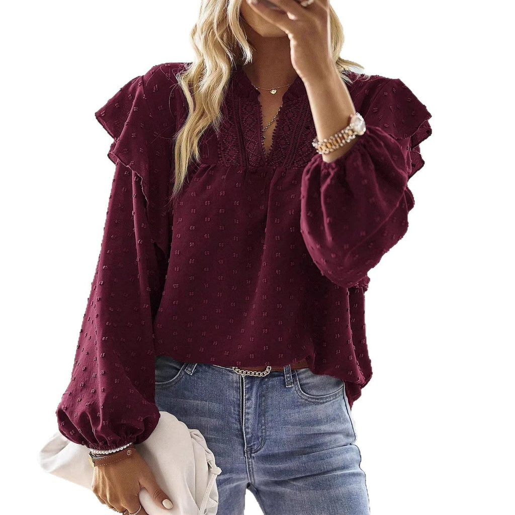 Blouse en viscose pour femmes avec broderie en dentelle et manches volantées