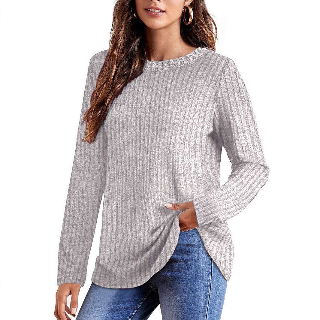 T-shirt long en maille fine côtelée pour femmes avec col rond et ourlet asymétrique