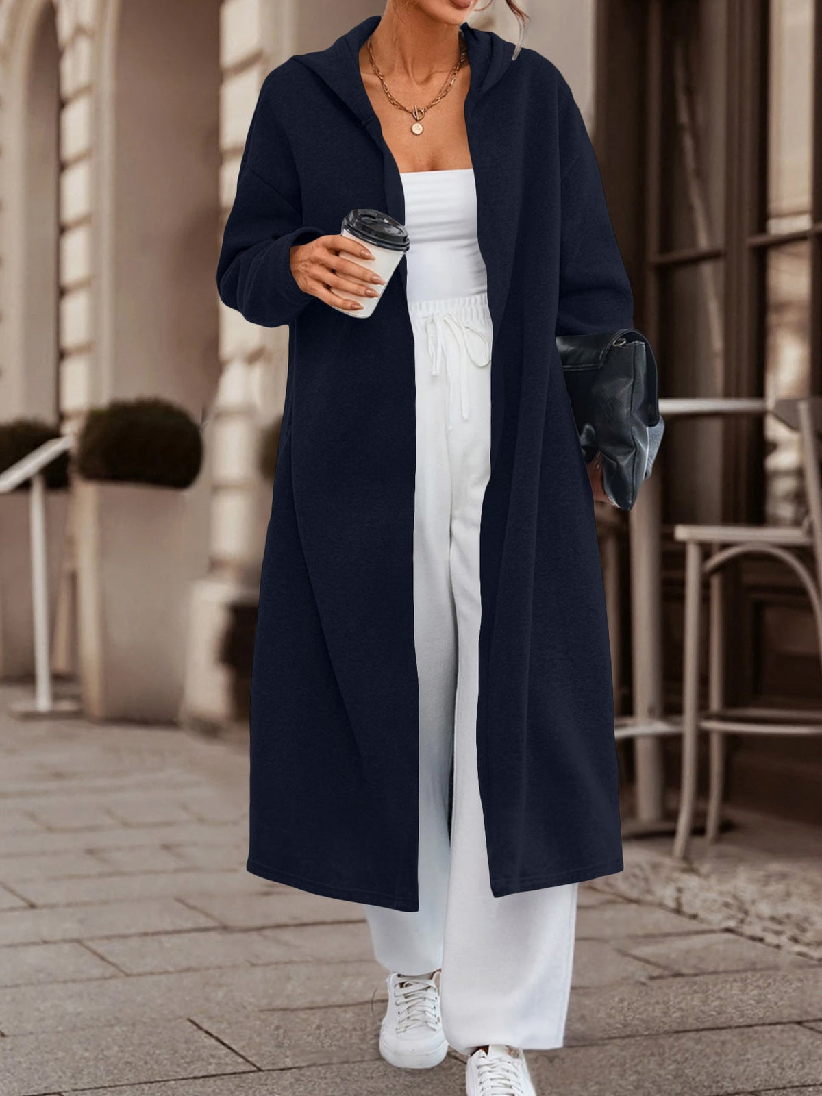Manteau long oversize à capuche pour femmes avec devant ouvert et doux en polaire Echoarchiv