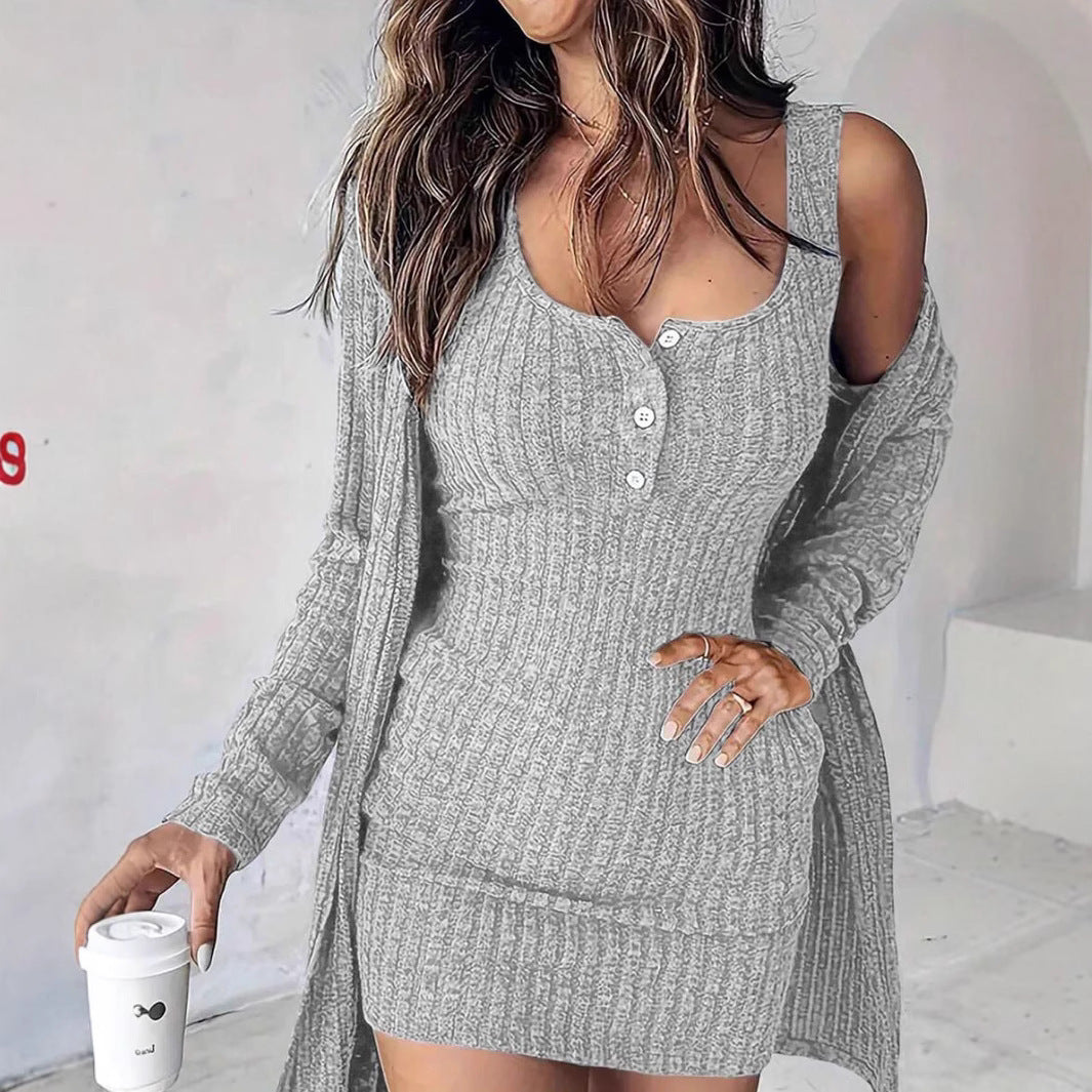 Ensemble Twinset en Tricot Rippé pour Femmes avec Robe Tricot Épousant les Formes et Cardigan Long Ouvert Echoarchiv