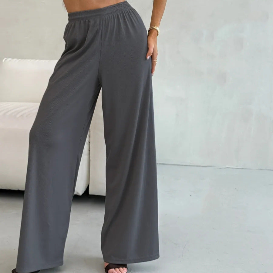 Pantalon Palazzo large taille haute pour femmes en jersey côtelé avec taille élastique Echo Archive