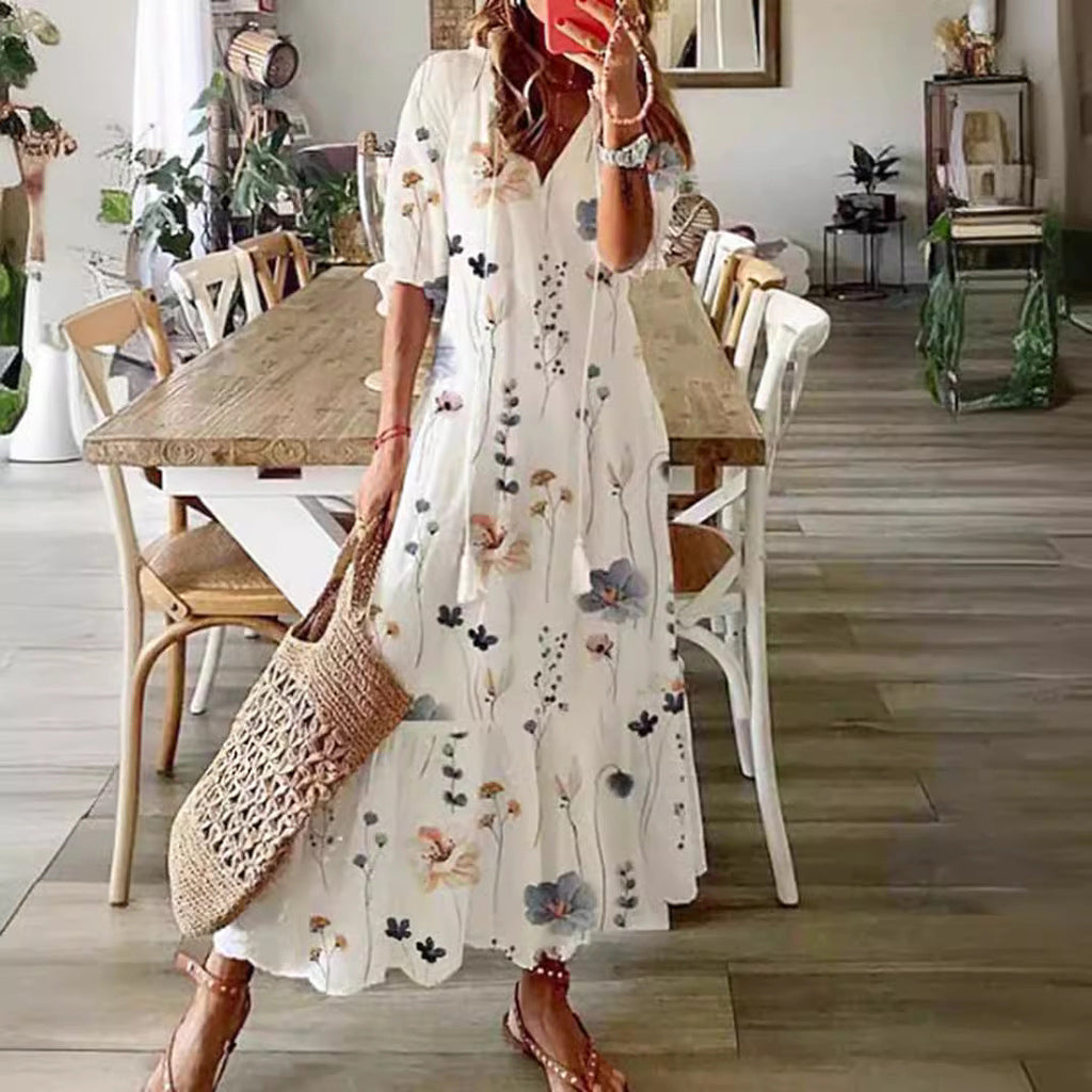 Robe maxi aérienne pour femme en A-line avec décolleté en V, manches à revers décontractées et imprimé floral en allover R&B