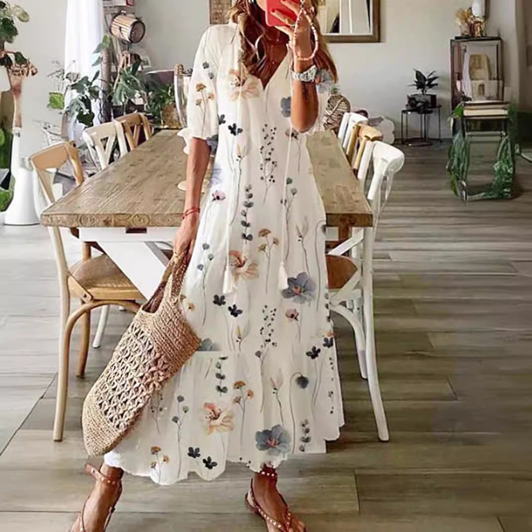 Robe maxi aérienne pour femme en A-line avec décolleté en V, manches à revers décontractées et imprimé floral en allover R&B