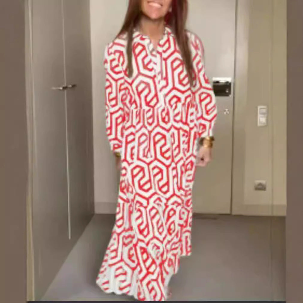 Robe à volants avec col chemise pour femme, imprimé géométrique en allover et taille froncée R&B
