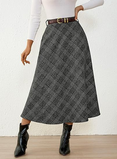 Jupe midi à carreaux en A pour femmes avec taille haute et poches latérales