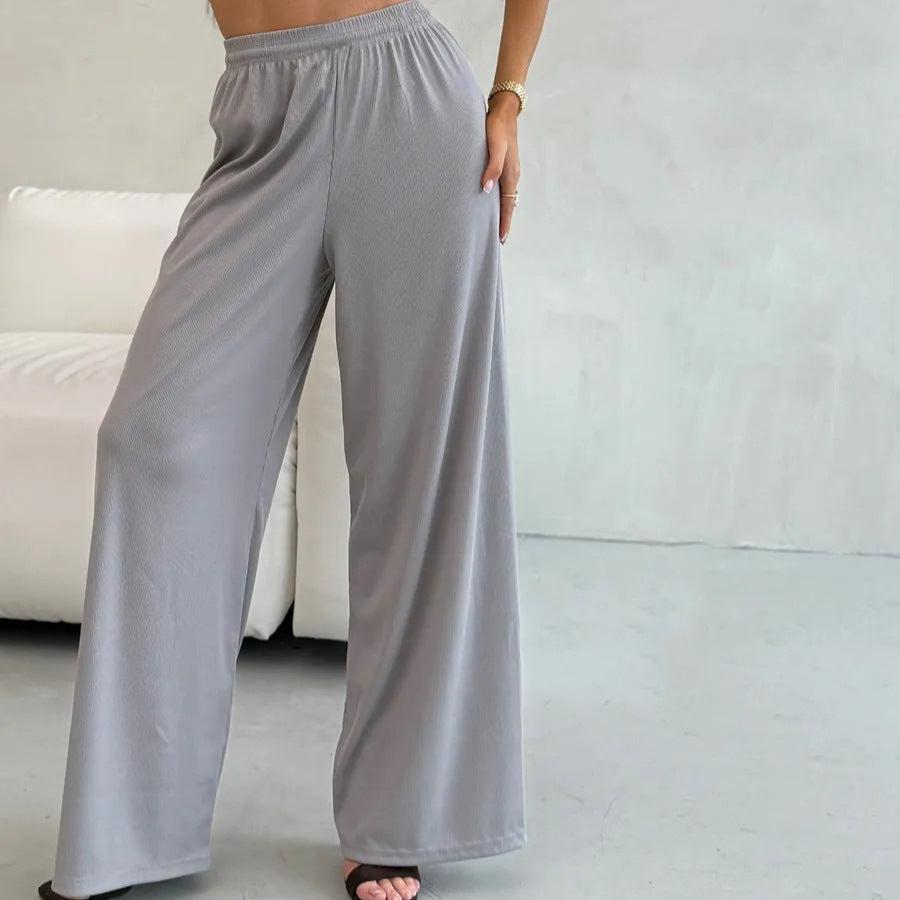 Pantalon Palazzo large taille haute pour femmes en jersey côtelé avec taille élastique Echo Archive
