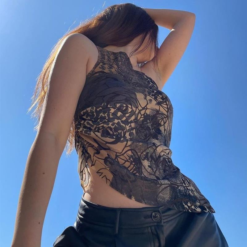 Haut en dentelle transparent pour femmes avec motif floral et ourlet asymétrique R&B