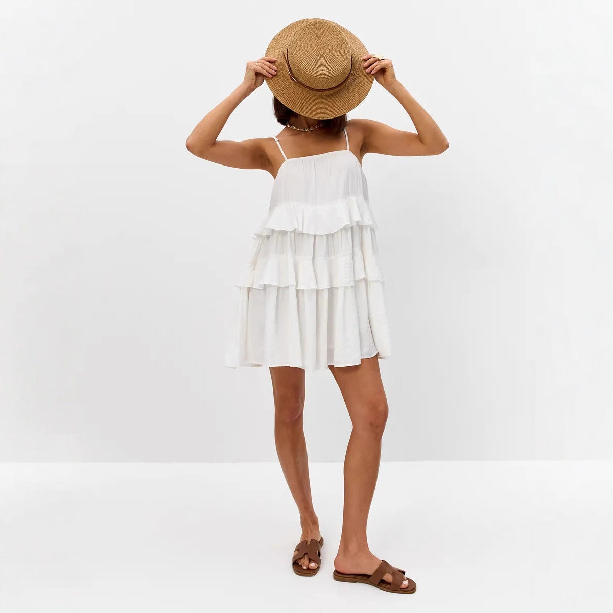 Robe à volants pour femmes en coton léger avec détails en dentelle R&B