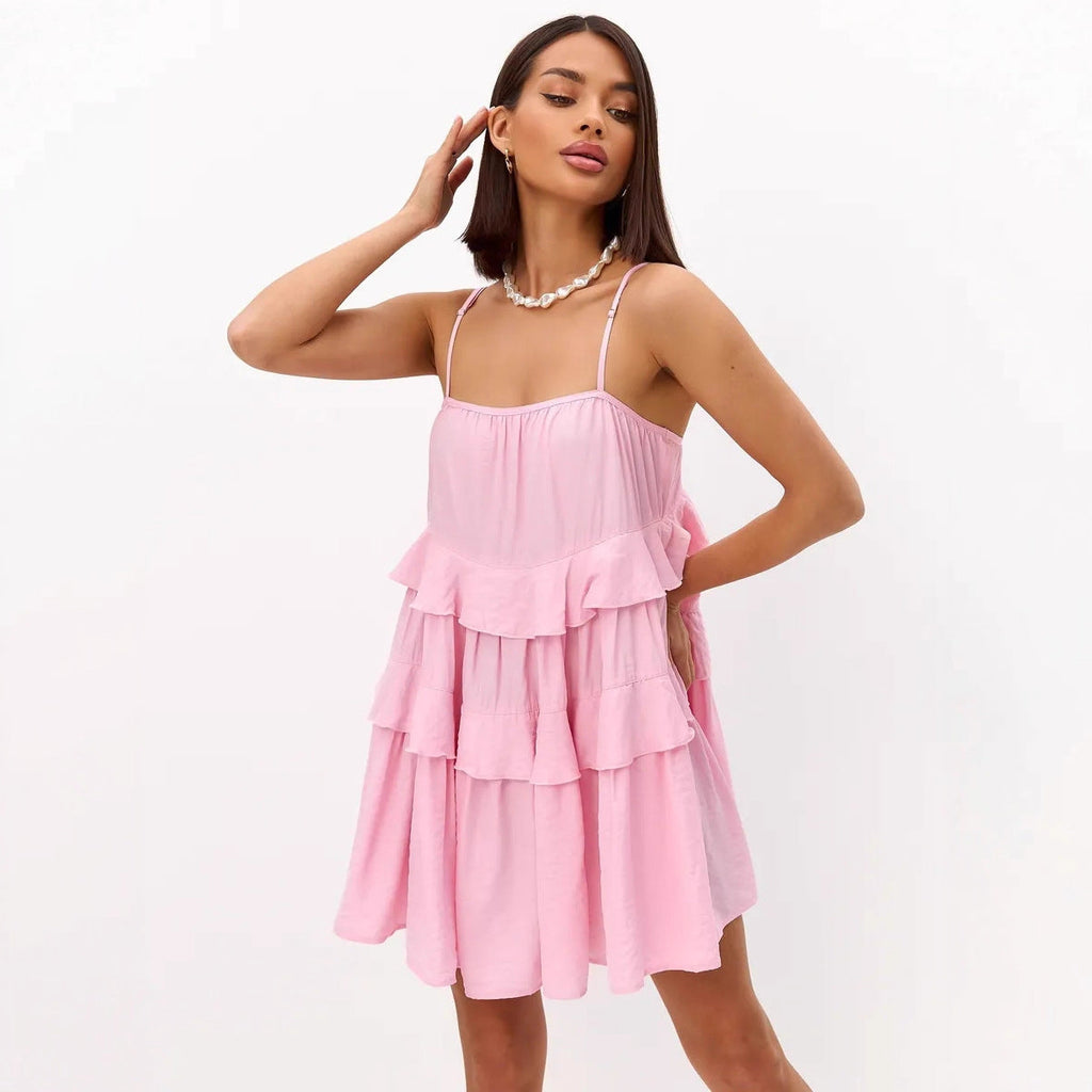 Robe à volants pour femmes en coton léger avec détails en dentelle R&B