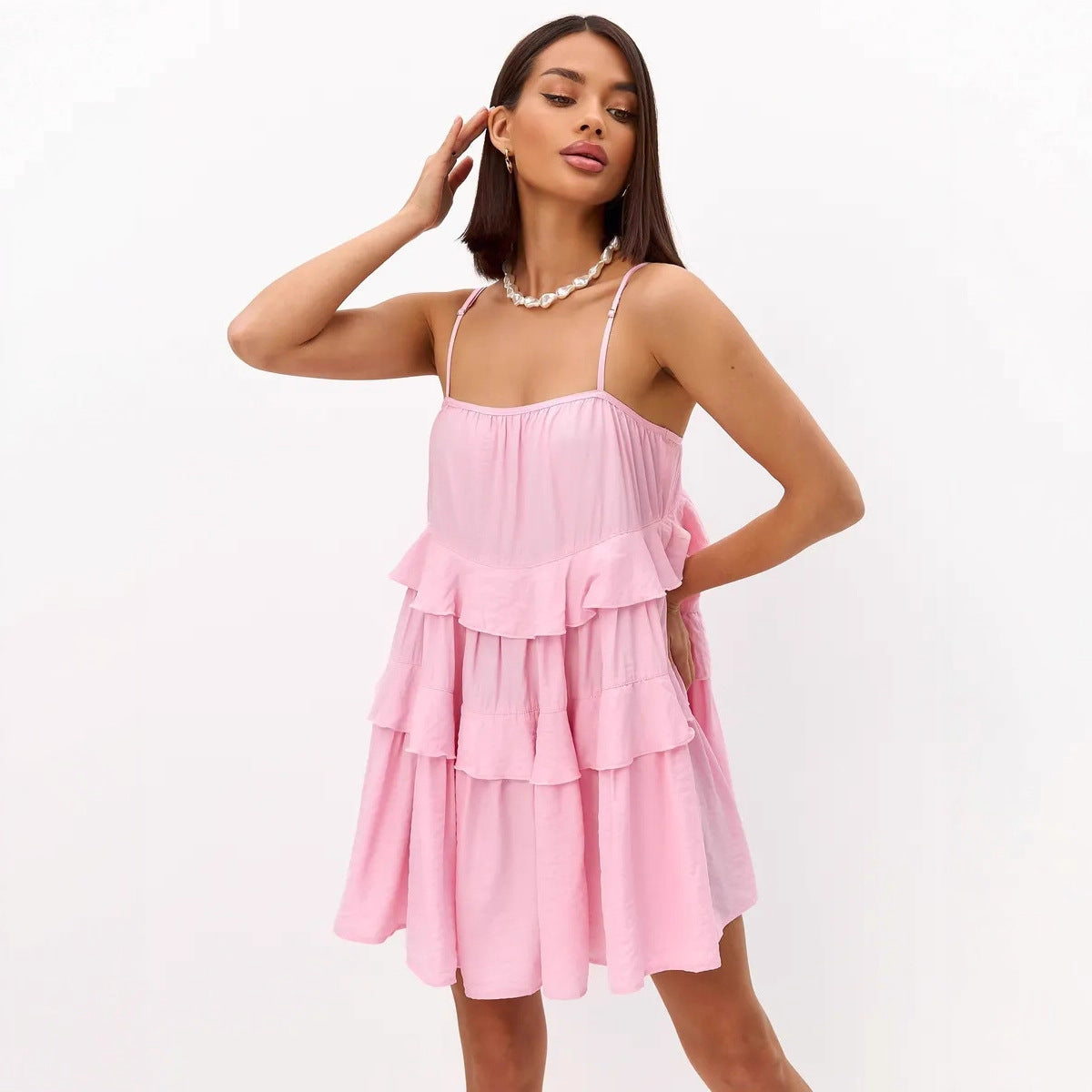 Robe à volants pour femmes en coton léger avec détails en dentelle R&B